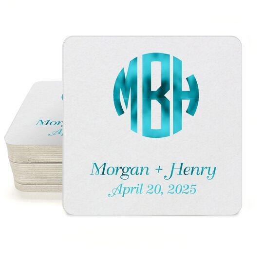 Rounded Monogram with Text Square Coasters